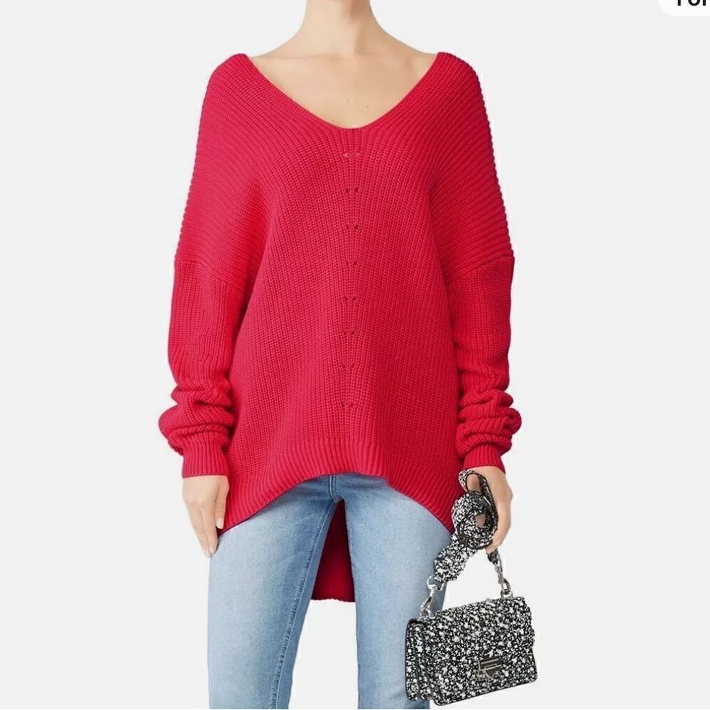 525 America High Low V-Neck Slouchy Long Sleeve Rib Knit Cotton Sweater size S